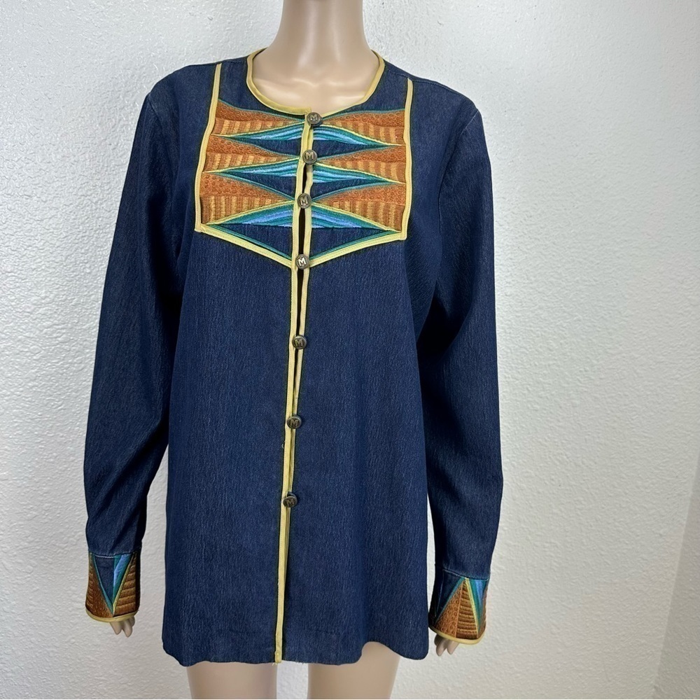 BOB MACKIE wearable art denim Shacket M southwestern heavy embroidered rodeo - Picture 14 of 14